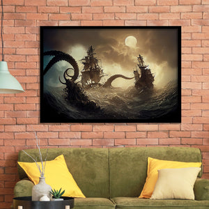 Kraken-Tentacle-Monster-Attacks-Pirate-Ship Painting Framed Art Prints, Wall Art,Home Decor,Framed Picture