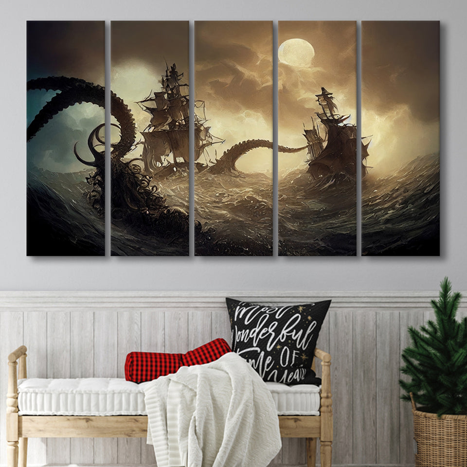 Kraken Tentacle Monster Attacks Pirate Ship Painting Larger Canvas Art, 5 Piece Canvas Prints Wall Art Decor