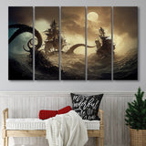 Kraken Tentacle Monster Attacks Pirate Ship Painting Larger Canvas Art, 5 Piece Canvas Prints Wall Art Decor
