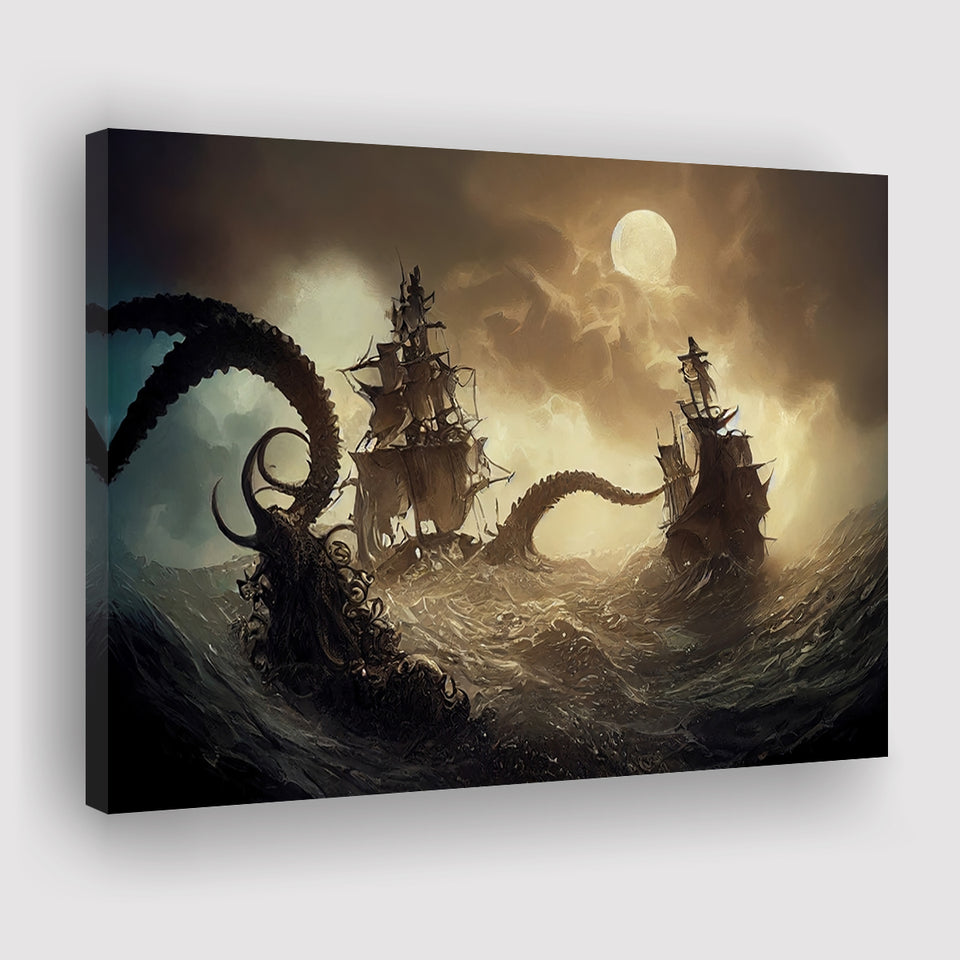 Print Art Oil Painting Mermaid and Pirate Ship Home Wall Decor on
