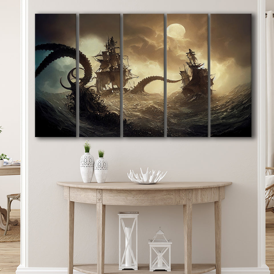 Kraken Tentacle Monster Attacks Pirate Ship Painting Larger Canvas Art, 5 Piece Canvas Prints Wall Art Decor