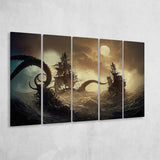 Kraken Tentacle Monster Attacks Pirate Ship Painting Larger Canvas Art, 5 Piece Canvas Prints Wall Art Decor