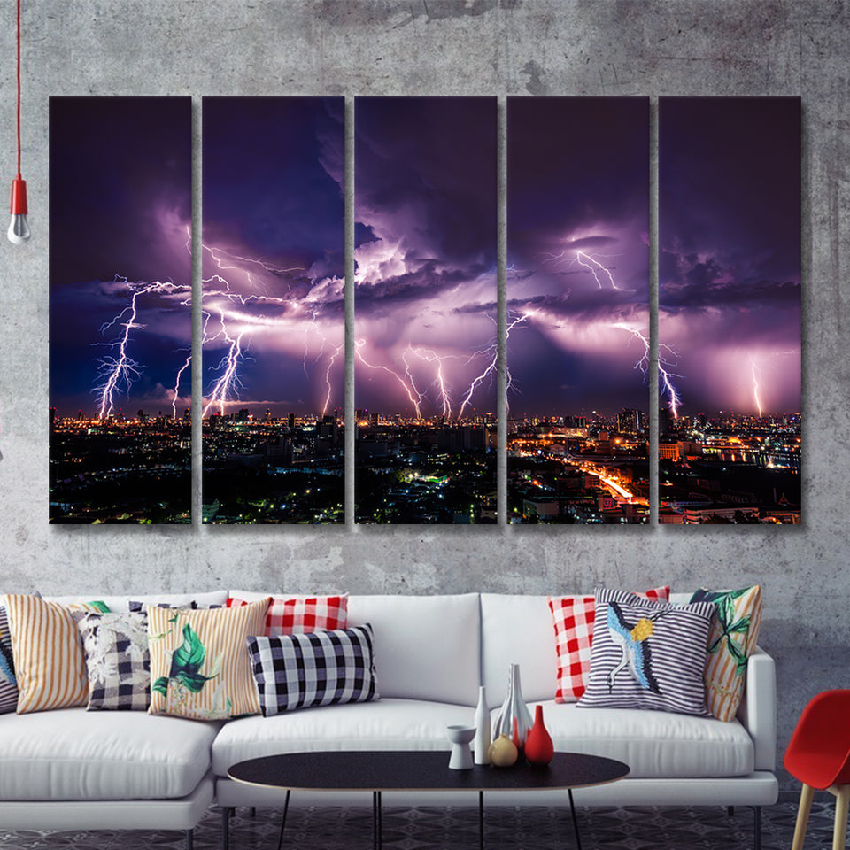 Lightning Storm Over City Purple Light 5 Pieces Canvas Prints Wall Art –  UnixCanvas