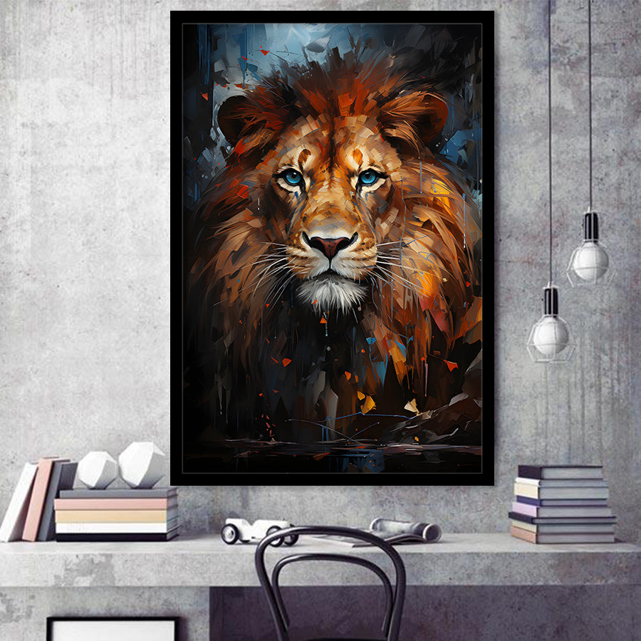 Lion Portrait With Blue Eye V1 Framed Art Prints Wall Decor, Painting Art, Framed Picture