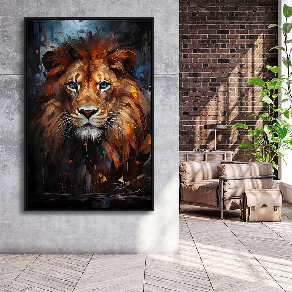Lion Portrait With Blue Eye V1 Framed Canvas Prints Wall Art Home Decor, Painting Canvas, Floating Frame