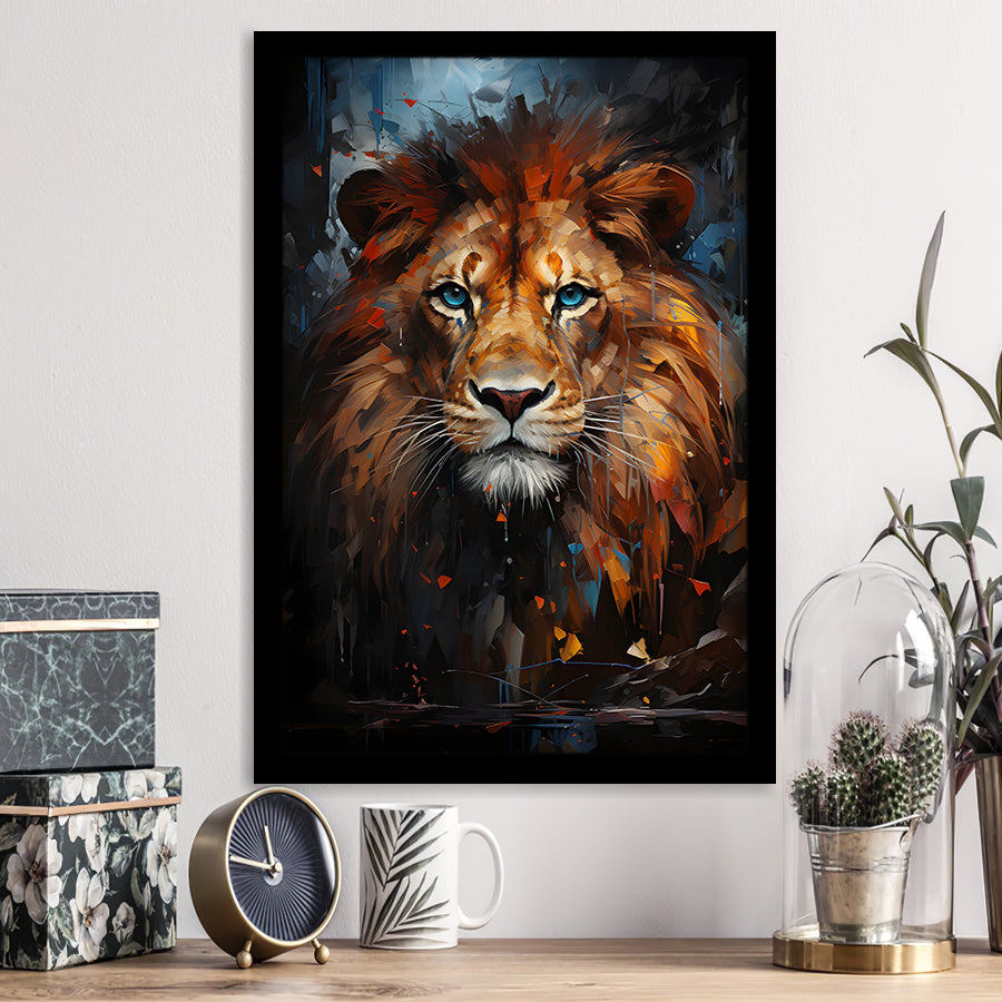 Lion Portrait With Blue Eye V1 Framed Art Prints Wall Decor, Painting Art, Framed Picture