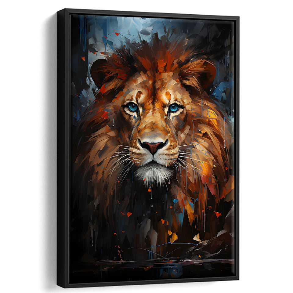 Lion Portrait With Blue Eye V1 Framed Canvas Prints Wall Art Home Decor, Painting Canvas, Floating Frame