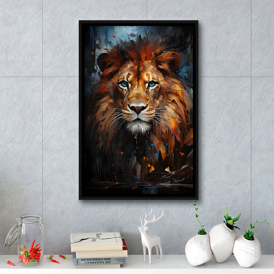 Lion Portrait With Blue Eye V1 Framed Canvas Prints Wall Art Home Decor, Painting Canvas, Floating Frame
