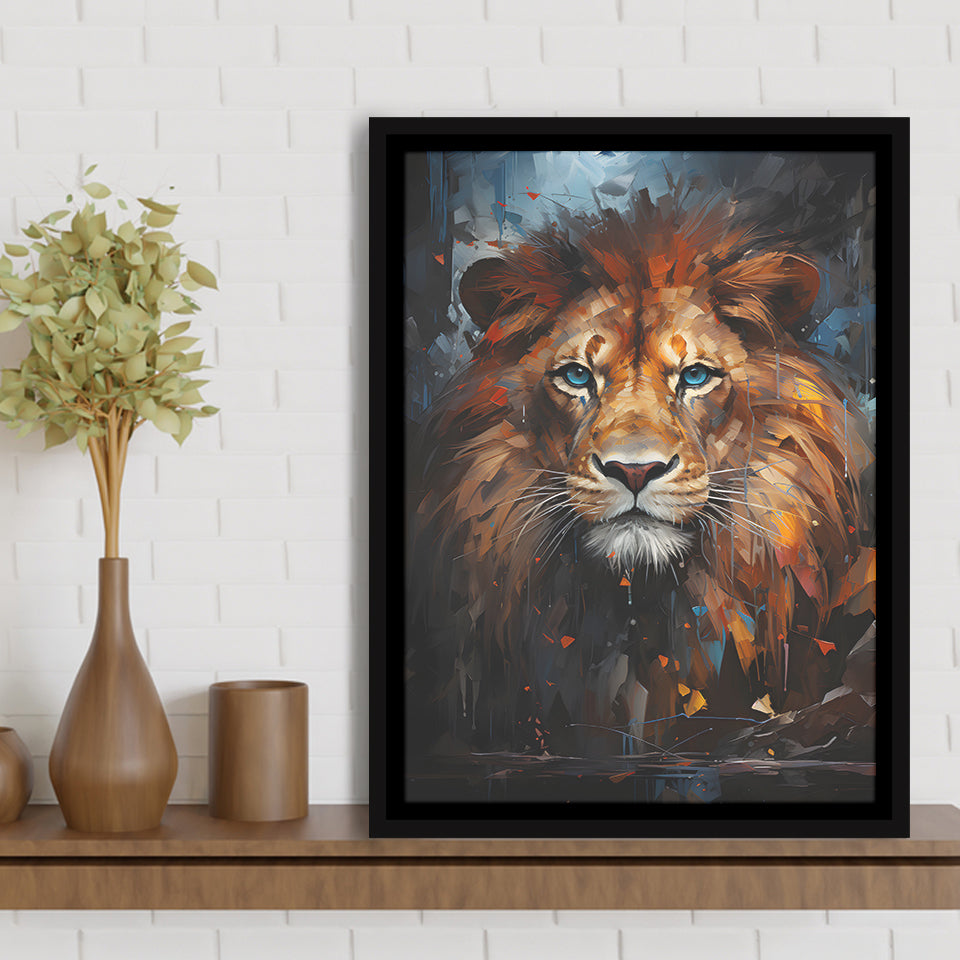 Lion Portrait With Blue Eye V1 Framed Canvas Prints Wall Art Home Decor, Painting Canvas, Floating Frame