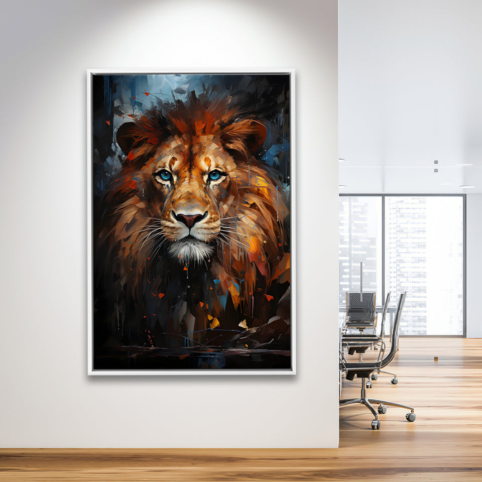 Lion Portrait With Blue Eye V1 Framed Canvas Prints Wall Art Home Decor, Painting Canvas, Floating Frame