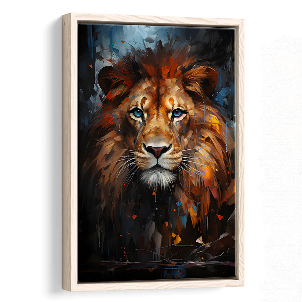 Lion Portrait With Blue Eye V1 Framed Canvas Prints Wall Art Home Decor, Painting Canvas, Floating Frame
