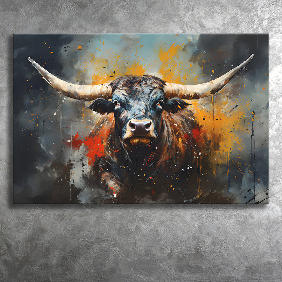 Longhorn Cow Painting Art Colorful V1 Canvas Prints Wall Art Home Decor, Painting Canvas, Living Room Wall Decor