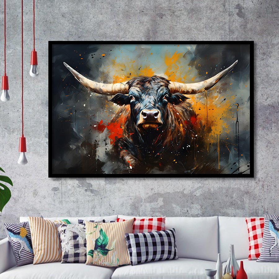 Longhorn Cow Painting Art Colorful V1 Framed Art Prints Wall Decor, Painting Art, Framed Picture