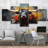 Longhorn Cow Painting Art Colorful V1 5 Panels Canvas Prints Wall Art Home Decor, Large Mixed Canvas