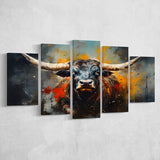 Longhorn Cow Painting Art Colorful V1 5 Panels Canvas Prints Wall Art Home Decor, Large Mixed Canvas