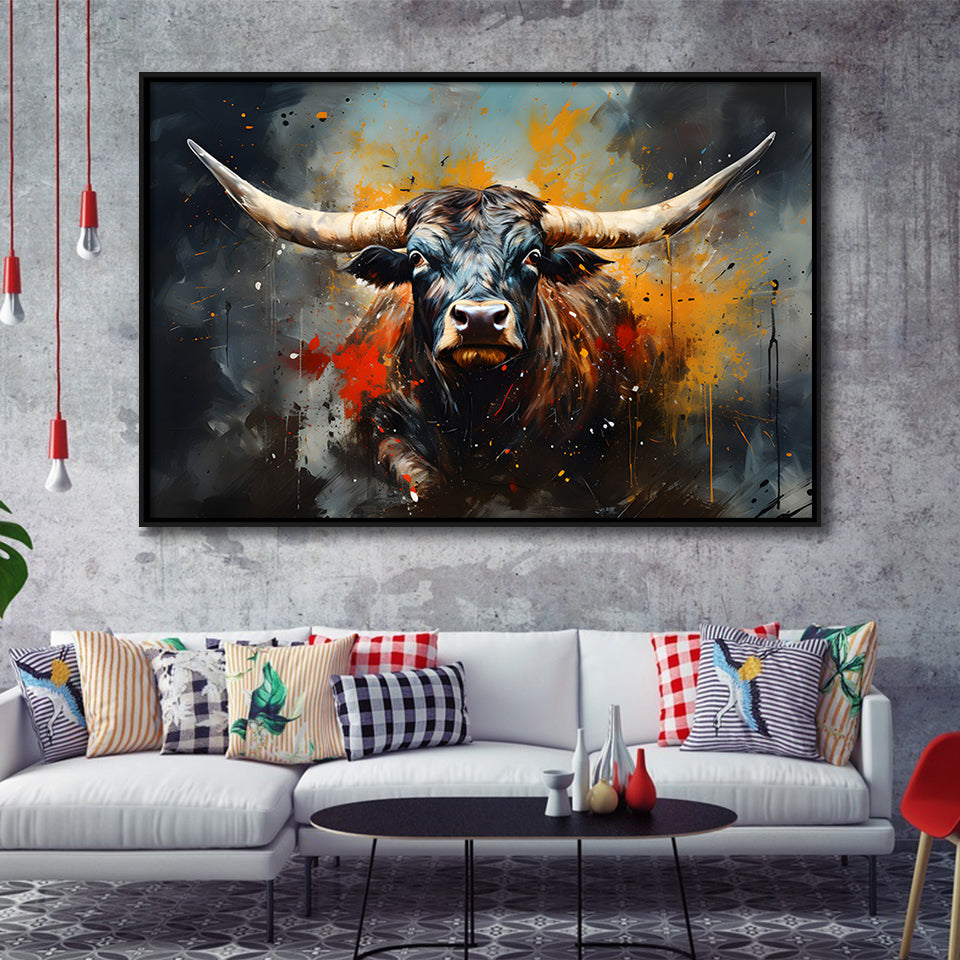 Longhorn Cow Painting Art Colorful V1 Framed Canvas Prints Wall Art Home Decor, Painting Canvas, Floating Frame