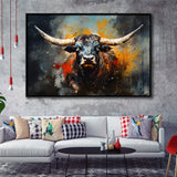 Longhorn Cow Painting Art Colorful V1 Framed Canvas Prints Wall Art Home Decor, Painting Canvas, Floating Frame
