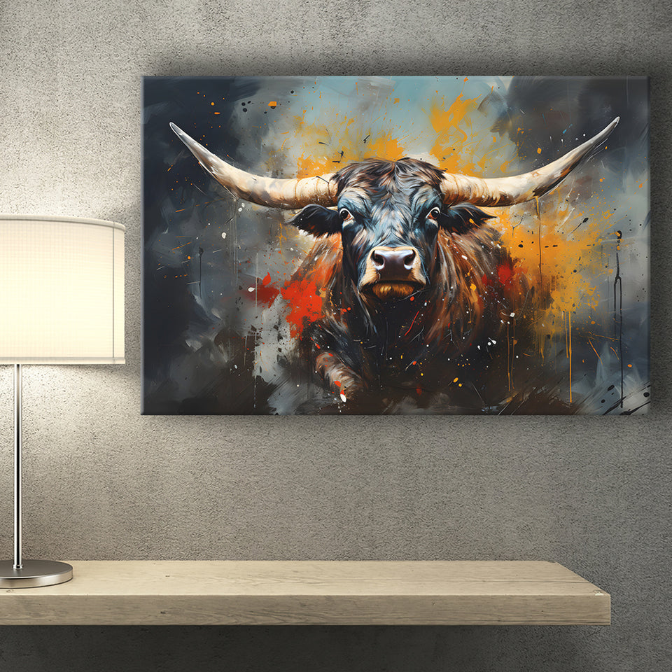 Longhorn Cow Painting Art Colorful V1 Canvas Prints Wall Art Home Decor, Painting Canvas, Living Room Wall Decor