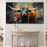 Longhorn Cow Painting Art Colorful V1 5 Panels B Canvas Prints Wall Art Home Decor, Extra Large Canvas