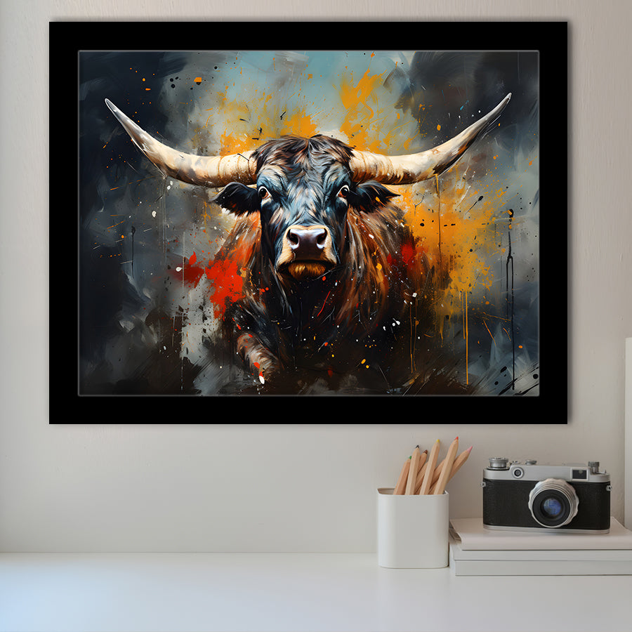 Longhorn Cow Painting Art Colorful V1 Framed Art Prints Wall Decor, Painting Art, Framed Picture