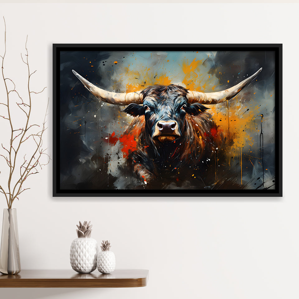 Longhorn Cow Painting Art Colorful V1 Framed Canvas Prints Wall Art Home Decor, Painting Canvas, Floating Frame