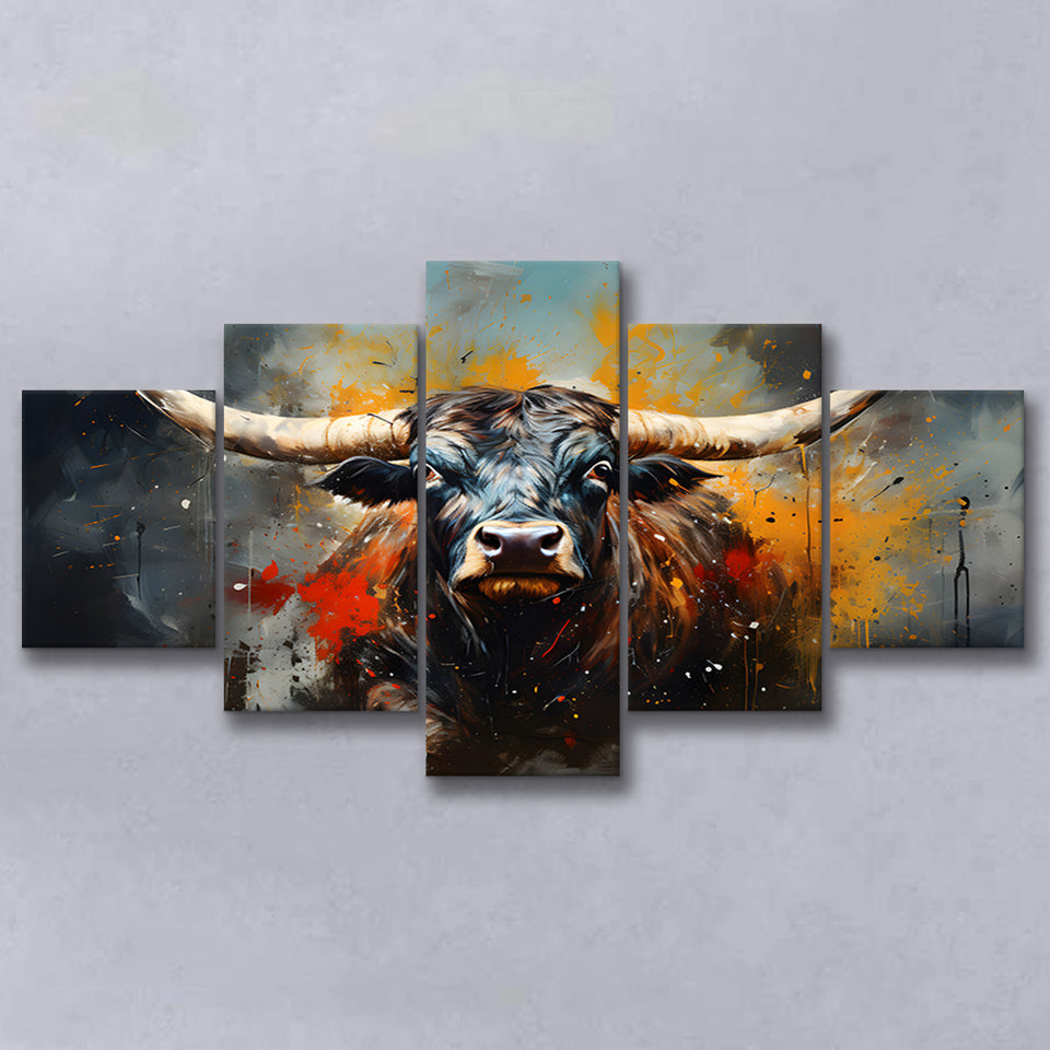 Longhorn Cow Painting Art Colorful V1 5 Panels Canvas Prints Wall Art Home Decor, Large Mixed Canvas