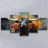 Longhorn Cow Painting Art Colorful V1 5 Panels Canvas Prints Wall Art Home Decor, Large Mixed Canvas