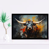 Longhorn Cow Painting Art Colorful V1 Framed Art Prints Wall Decor, Painting Art, Framed Picture