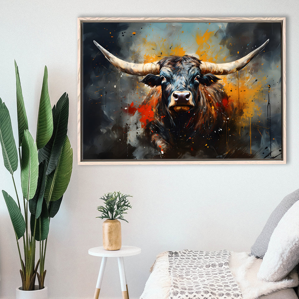 Longhorn Cow Painting Art Colorful V1 Framed Canvas Prints Wall Art Home Decor, Painting Canvas, Floating Frame