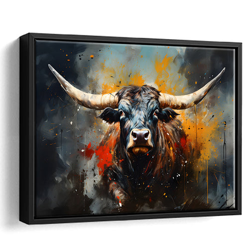 Longhorn Cow Painting Art Colorful V1 Framed Canvas Prints Wall Art Home Decor, Painting Canvas, Floating Frame