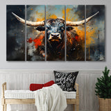 Longhorn Cow Painting Art Colorful V1 5 Panels B Canvas Prints Wall Art Home Decor, Extra Large Canvas