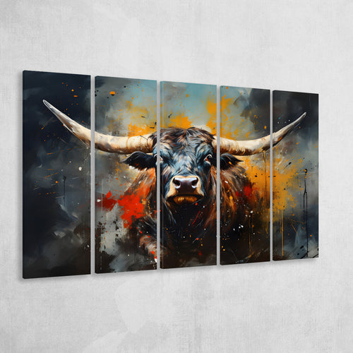 Longhorn Cow Painting Art Colorful V1 5 Panels B Canvas Prints Wall Art Home Decor, Extra Large Canvas
