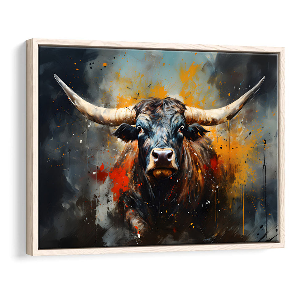 Longhorn Cow Painting Art Colorful V1 Framed Canvas Prints Wall Art Home Decor, Painting Canvas, Floating Frame