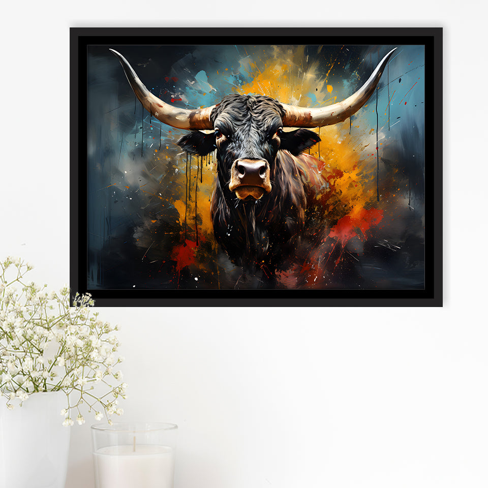 Longhorn Cow Painting Art Colorful V2 Framed Canvas Prints Wall Art Home Decor, Painting Canvas, Floating Frame