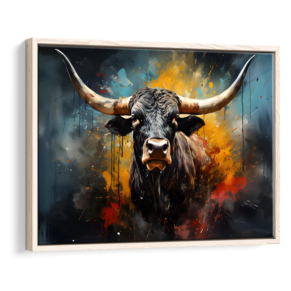 Longhorn Cow Painting Art Colorful V2 Framed Canvas Prints Wall Art Home Decor, Painting Canvas, Floating Frame