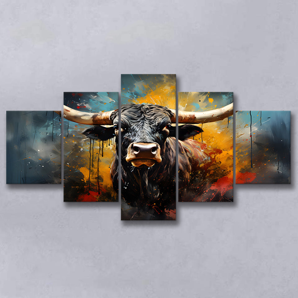 Longhorn Cow Painting Art Colorful V2 5 Panels Canvas Prints Wall Art Home Decor, Large Mixed Canvas