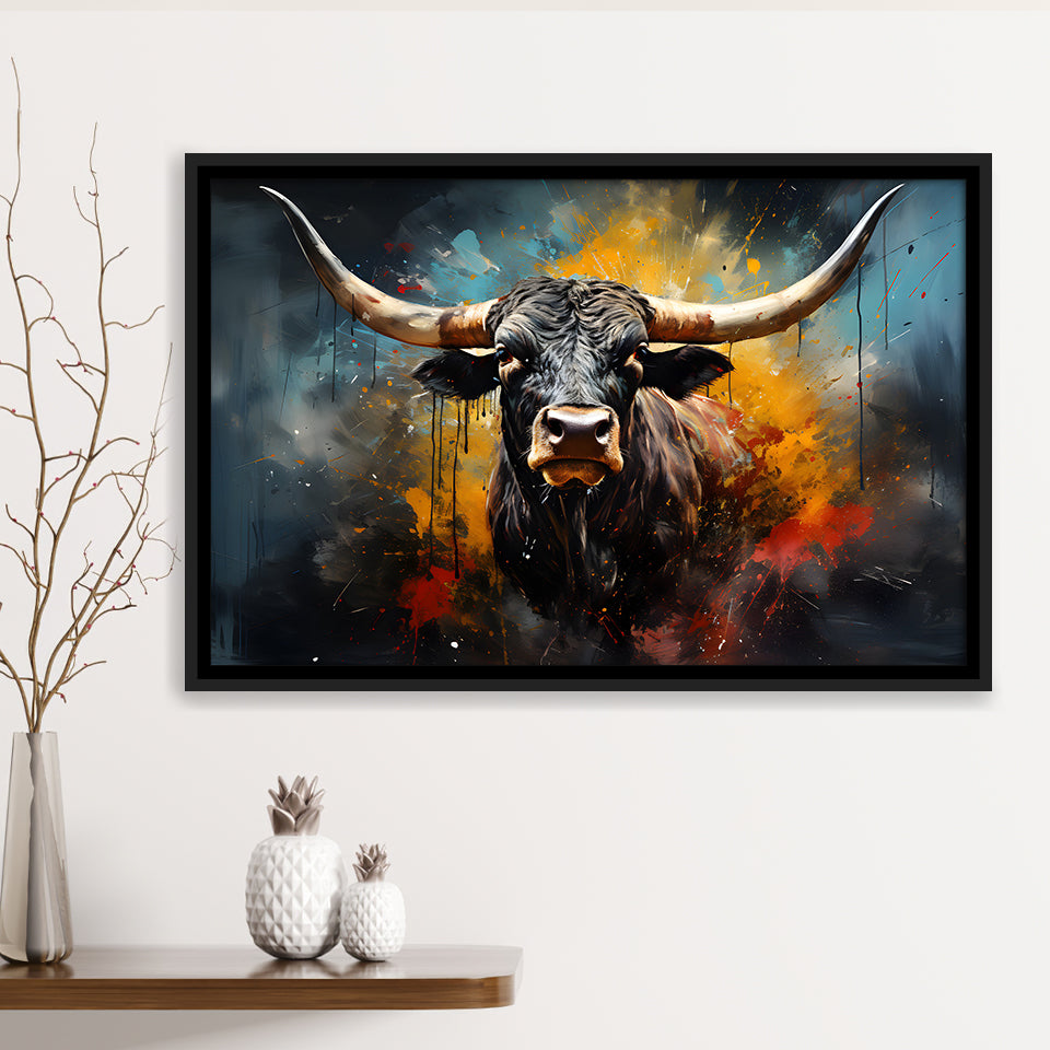 Longhorn Cow Painting Art Colorful V2 Framed Canvas Prints Wall Art Home Decor, Painting Canvas, Floating Frame
