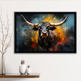 Longhorn Cow Painting Art Colorful V2 Framed Canvas Prints Wall Art Home Decor, Painting Canvas, Floating Frame