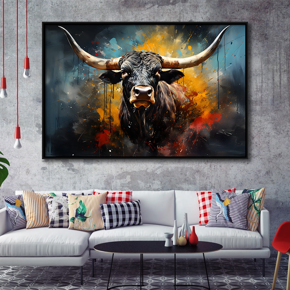 Longhorn Cow Painting Art Colorful V2 Framed Canvas Prints Wall Art Home Decor, Painting Canvas, Floating Frame