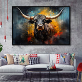 Longhorn Cow Painting Art Colorful V2 Framed Canvas Prints Wall Art Home Decor, Painting Canvas, Floating Frame