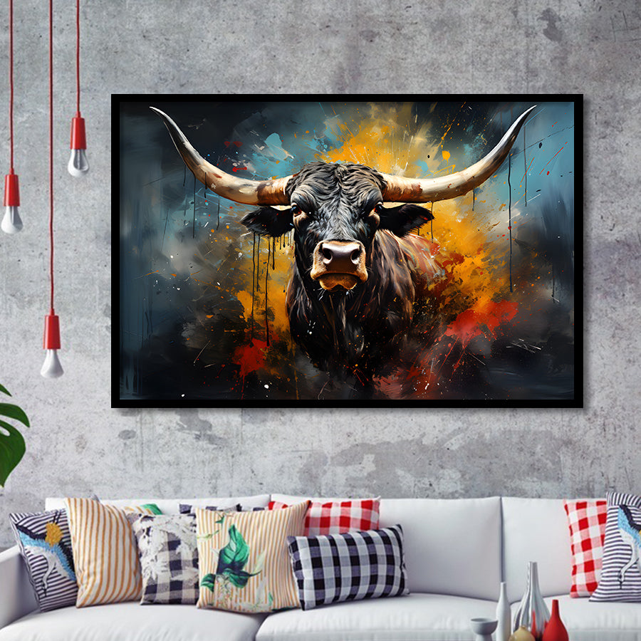 Longhorn Cow Painting Art Colorful V2 Framed Art Prints Wall Decor, Painting Art, Framed Picture