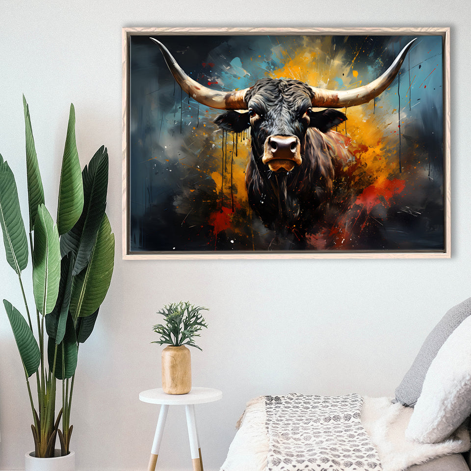 Longhorn Cow Painting Art Colorful V2 Framed Canvas Prints Wall Art Home Decor, Painting Canvas, Floating Frame