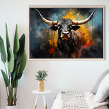 Longhorn Cow Painting Art Colorful V2 Framed Canvas Prints Wall Art Home Decor, Painting Canvas, Floating Frame