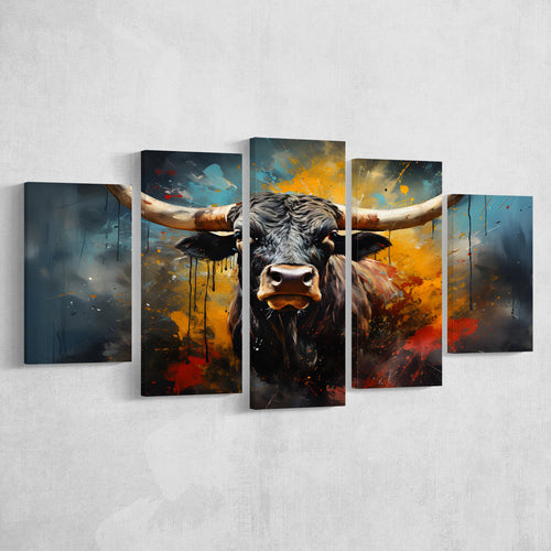 Longhorn Cow Painting Art Colorful V2 5 Panels Canvas Prints Wall Art Home Decor, Large Mixed Canvas