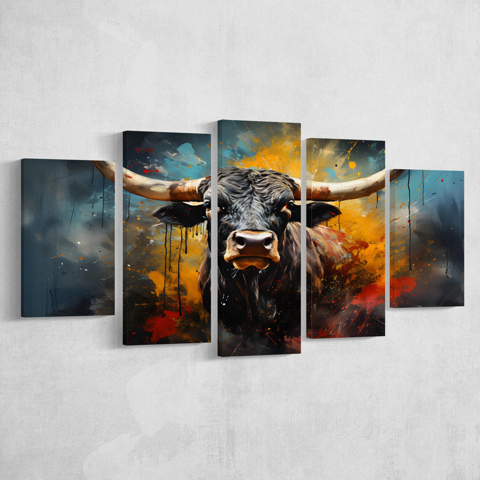 Longhorn Cow Painting Art Colorful V2 5 Panels Canvas Prints Wall Art Home Decor, Large Mixed Canvas