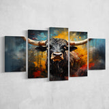 Longhorn Cow Painting Art Colorful V2 5 Panels Canvas Prints Wall Art Home Decor, Large Mixed Canvas