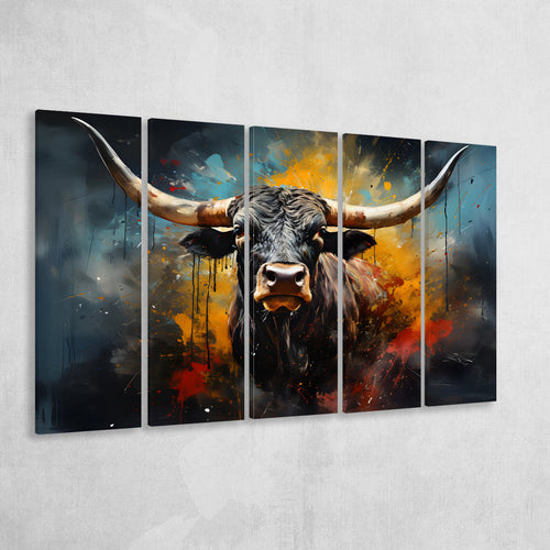 Longhorn Cow Painting Art Colorful V2 5 Panels B Canvas Prints Wall Art Home Decor, Extra Large Canvas