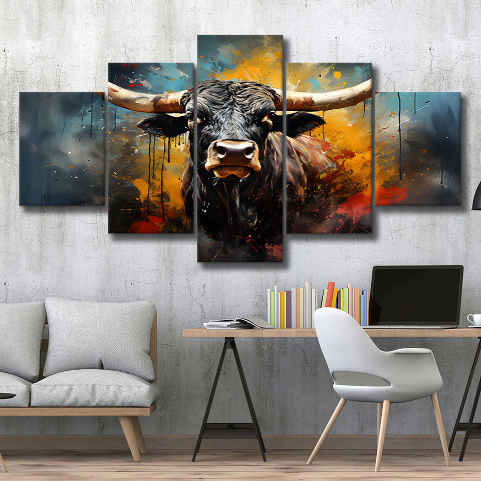 Longhorn Cow Painting Art Colorful V2 5 Panels Canvas Prints Wall Art Home Decor, Large Mixed Canvas