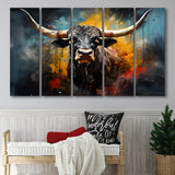 Longhorn Cow Painting Art Colorful V2 5 Panels B Canvas Prints Wall Art Home Decor, Extra Large Canvas