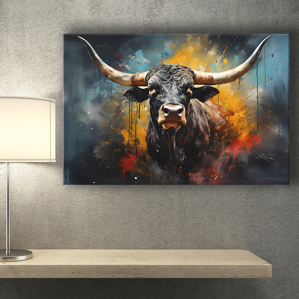 Longhorn Cow Painting Art Colorful V2 Canvas Prints Wall Art Home Decor, Painting Canvas, Living Room Wall Decor